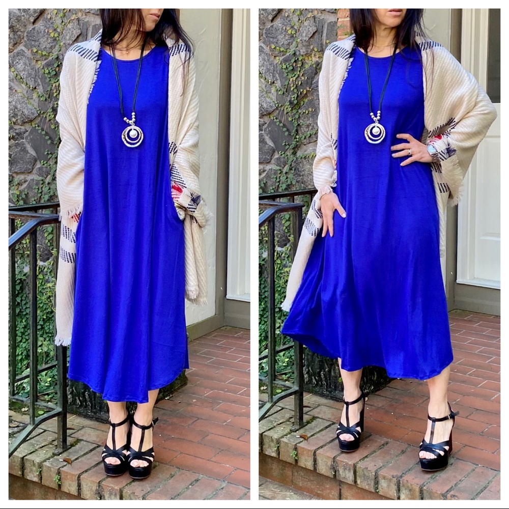 Chic Royal blue viscose side pocket swing dress - Picture 3 of 11